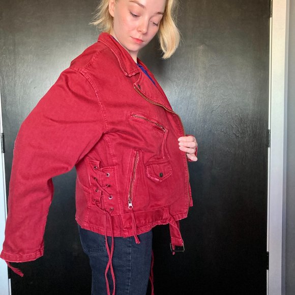Free People Oversized Red Denim Moto Jacket Size M - Picture 6 of 14